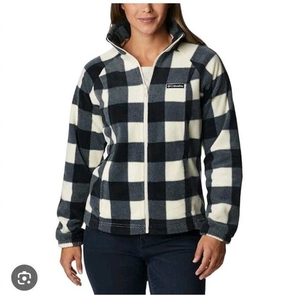 Columbia Women's Benton Springs Shirt Jacket, Chalk Check Print, 2X White Black - Picture 1 of 8